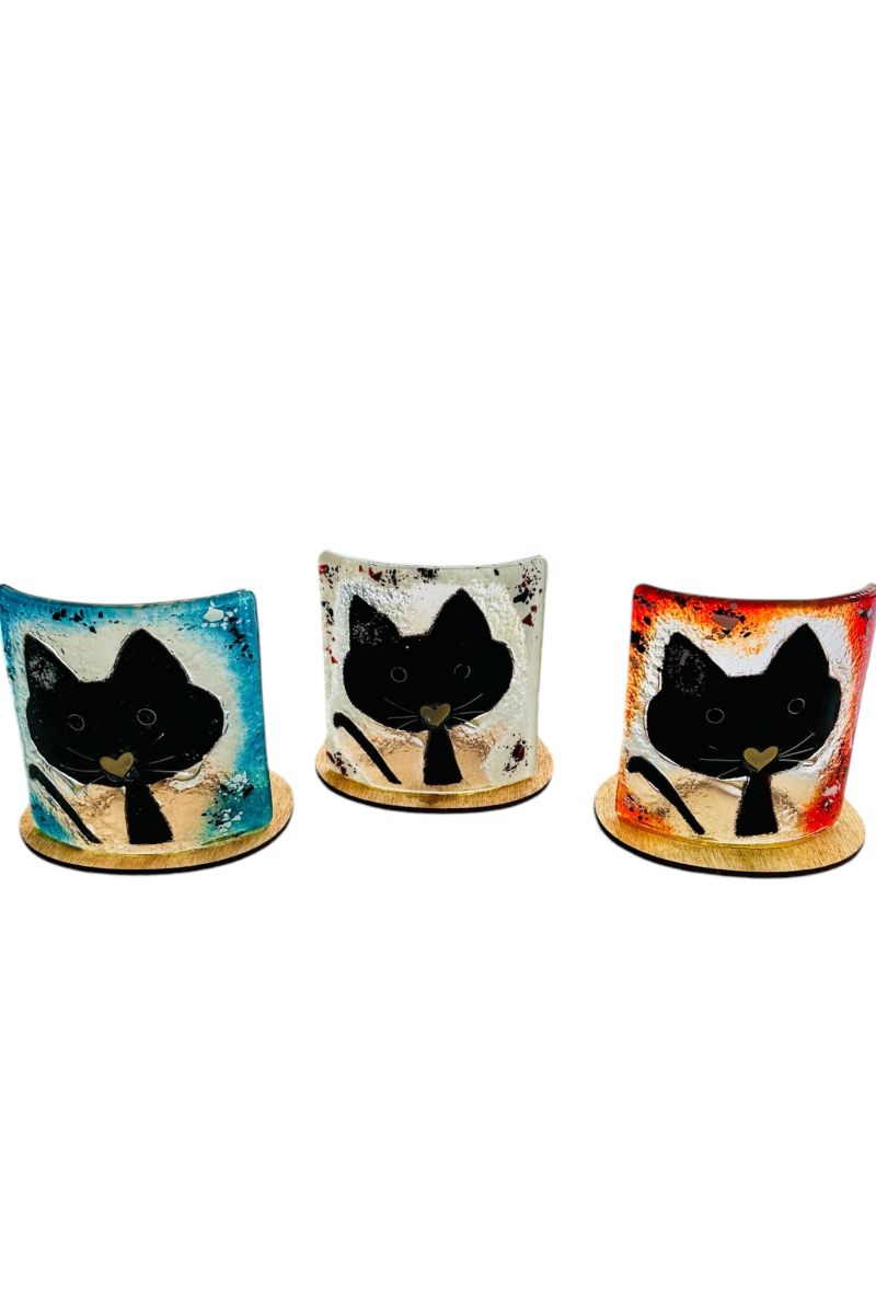 Cat candlestick with wooden base 10×10