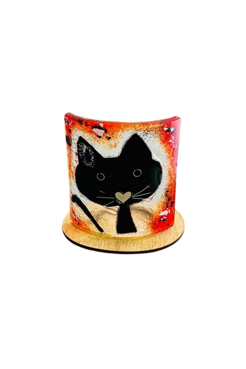 Cat candlestick with wooden base 10×10