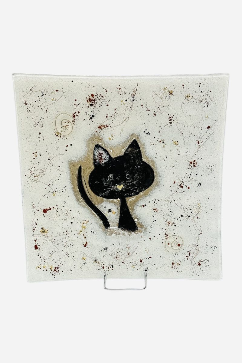 Handmade glass cat plate 38×38