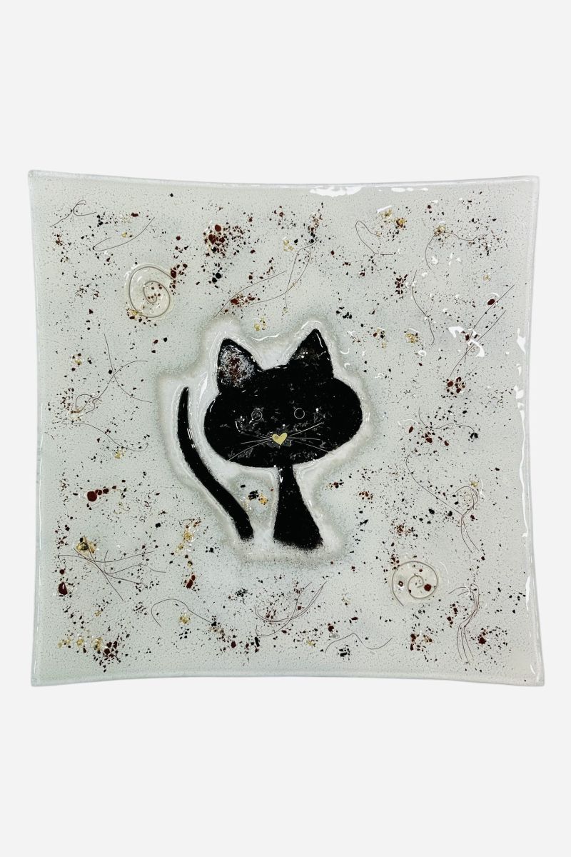 Handmade glass cat plate 38×38