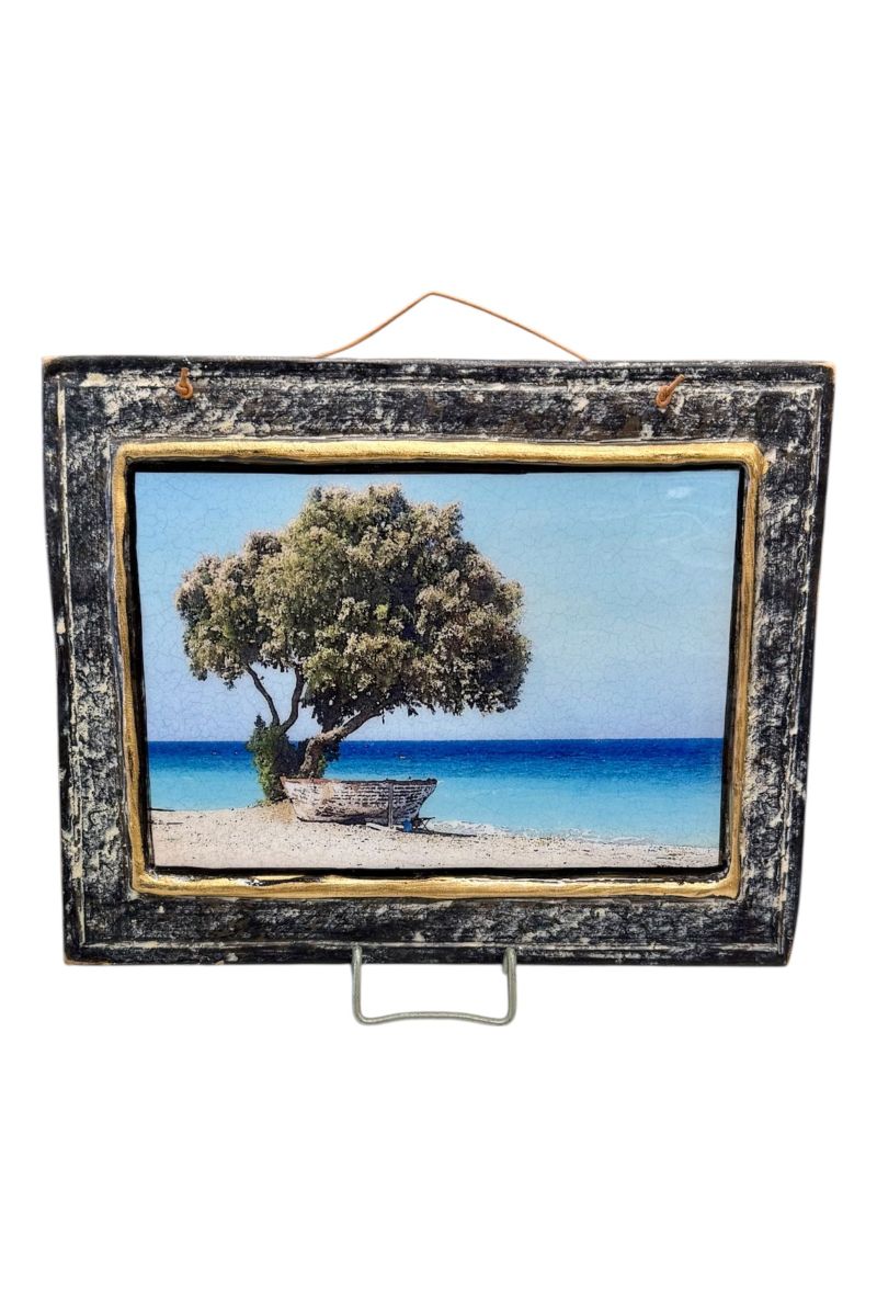 Handmade frame landscape with boat 30×24