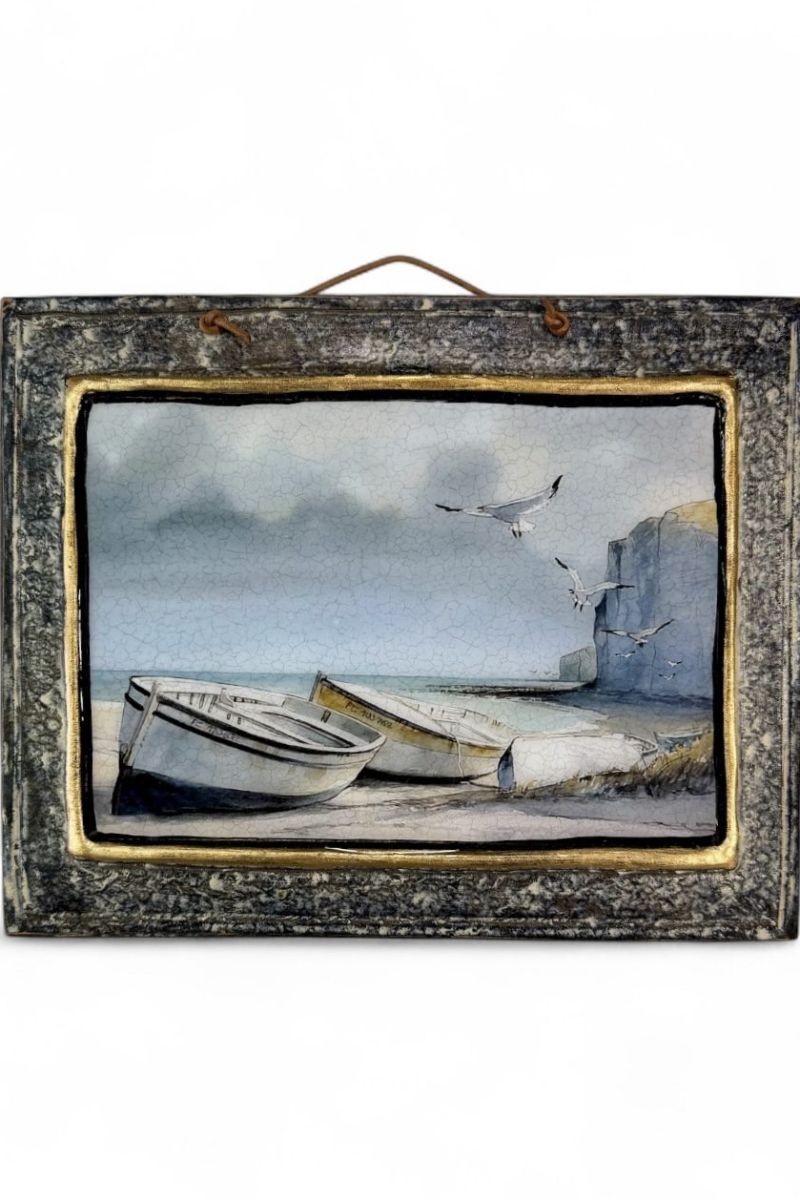 Handmade frame landscape with boats and seagulls 30×24