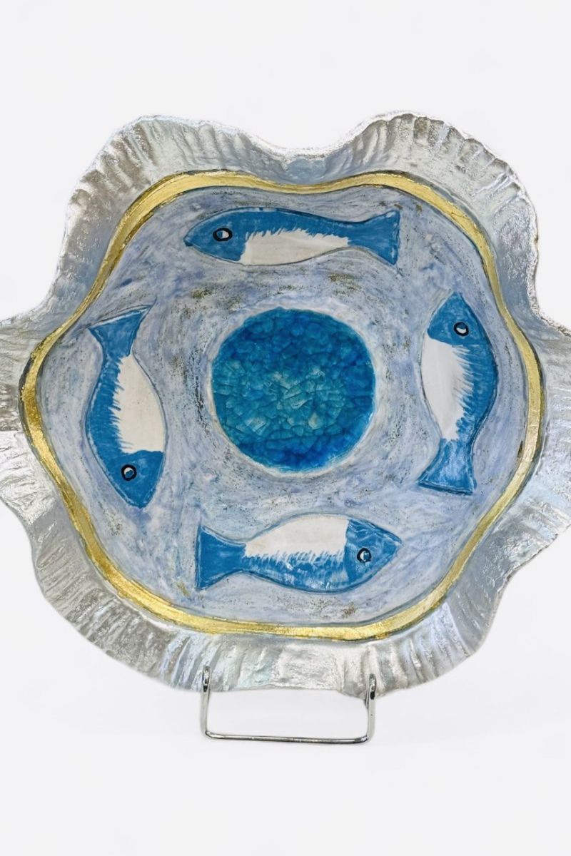 Small ceramic bowl with glass in the middle and fish F25