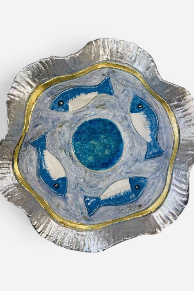 Small ceramic bowl with glass in the middle and fish F25