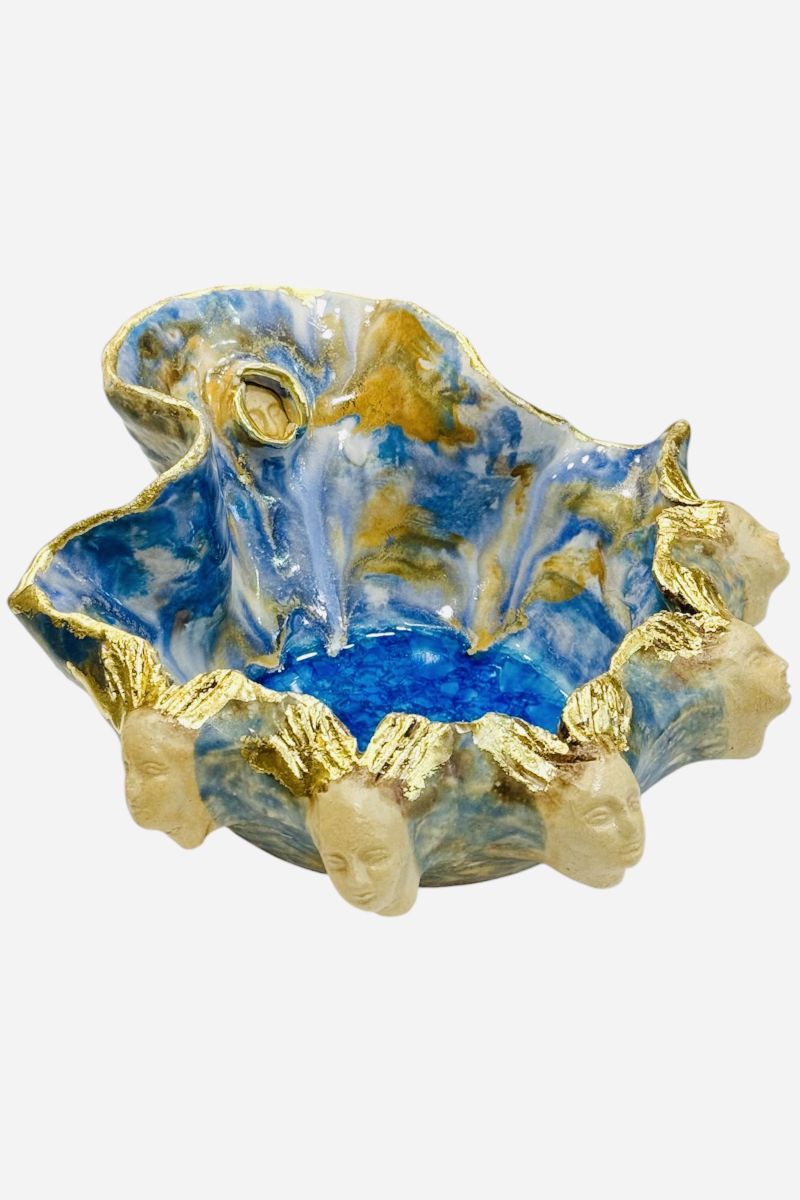 Bowl with faces and glass 21cm x19cm